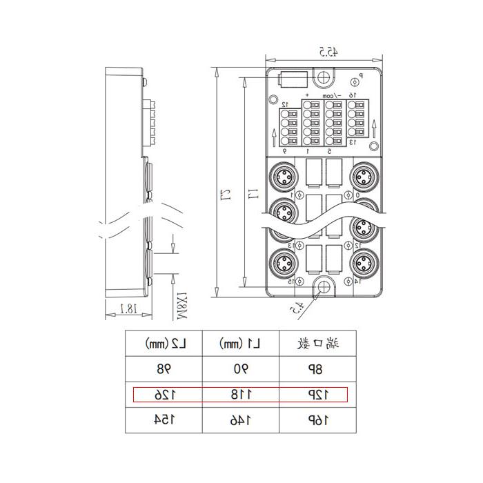 M8分线盒、单通道、NPN、12端口分体式、带LED 、带顶盖和电缆 、23NT12